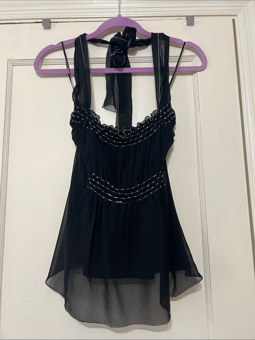 Vintage silk Max Studio Black Halter Women’s Top with white stitching detail